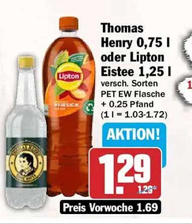 Thomas Henry 0,75 l oder Lipton Eistee 1,25 l