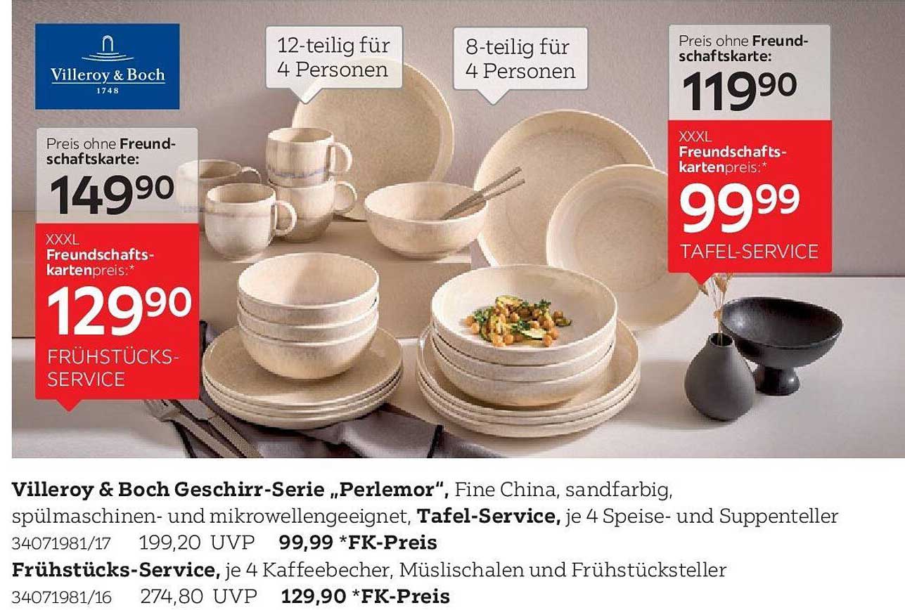 Villeroy & Boch Geschirr-Serie „Perlemor“, Fine China, sandfarbig, spülmaschinen- und mikrowellengeeignet, Tafel-Service, je 4 Speise- und Suppenteller