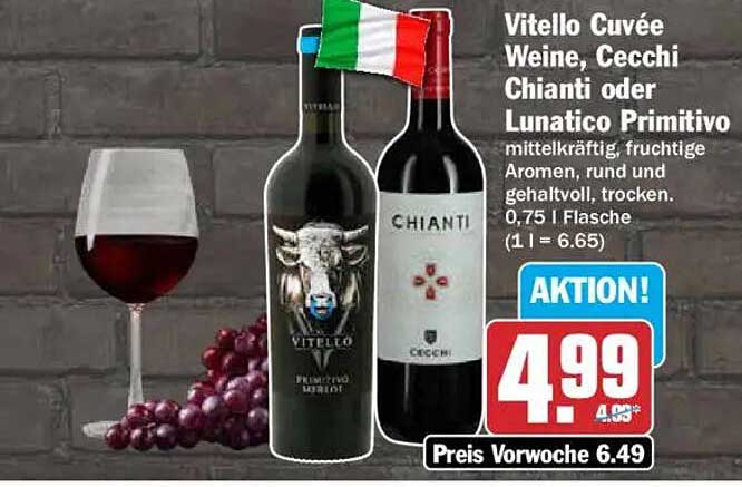 Vitello Cuvée Weine, Cecchi Chianti oder Lunatico Primitivo