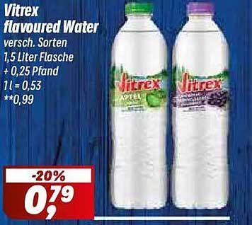 Vitrex flavoured Water versch. Sorten 1,5 Liter Flasche + 0,25 Pfand 1l = 0,53 **0,99
