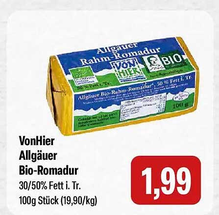 VonHier Allgäuer Bio-Romadur 30/50% Fett i. Tr. 100g Stück (19,90/kg)