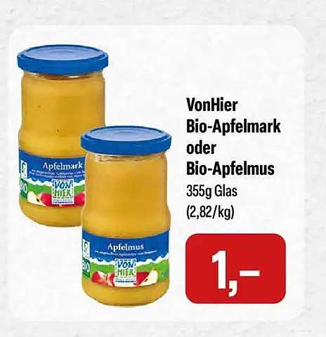 VonHier Bio-Apfelmark oder Bio-Apfelmus 355g Glas (2,82/kg)