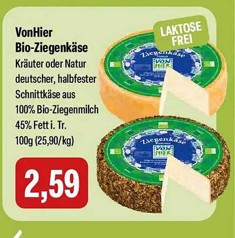 VonHier Bio-Ziegenkäse Kräuter oder Natur deutscher, halbfester Schnittkäse aus 100% Bio-Ziegenmilch 45% Fett i. Tr. 100g (25,90/kg)