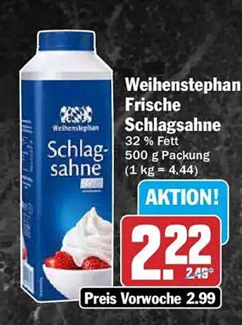 Weihenstephan Frische Schlagsahne 32 % Fett 500 g Packung (1 kg = 4.44)