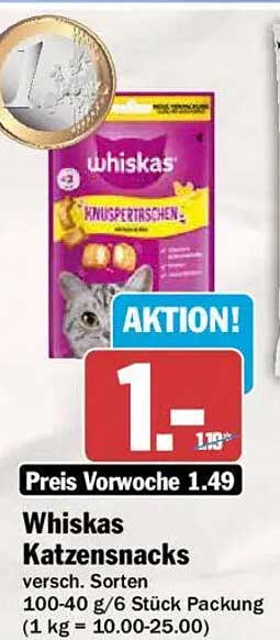 Whiskas Katzensnacks versch. Sorten 100-40 g / 6 Stück Packung (1 kg = 10.00-25.00)