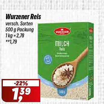 Wurzener Reis versch. Sorten 500 g Packung 1 kg = 2,78