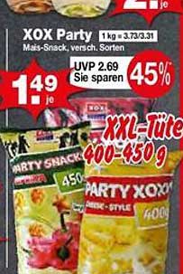 XOX Party 1 kg = 3,73/3,31 Mais-Snack, verschieden Sorten