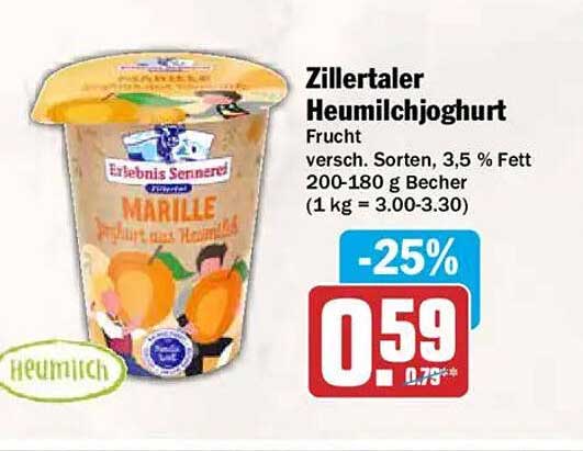 Zillertaler Heumilchjoghurt Frucht versch. Sorten, 3,5 % Fett 200-180 g Becher (1 kg = 3.00-3.30)