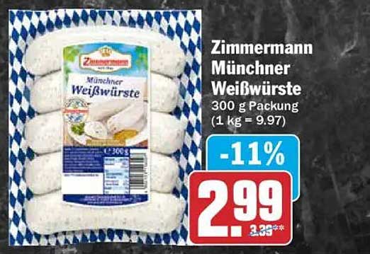Zimmermann Münchner Weißwürste 300 g Packung (1 kg = 9.97)