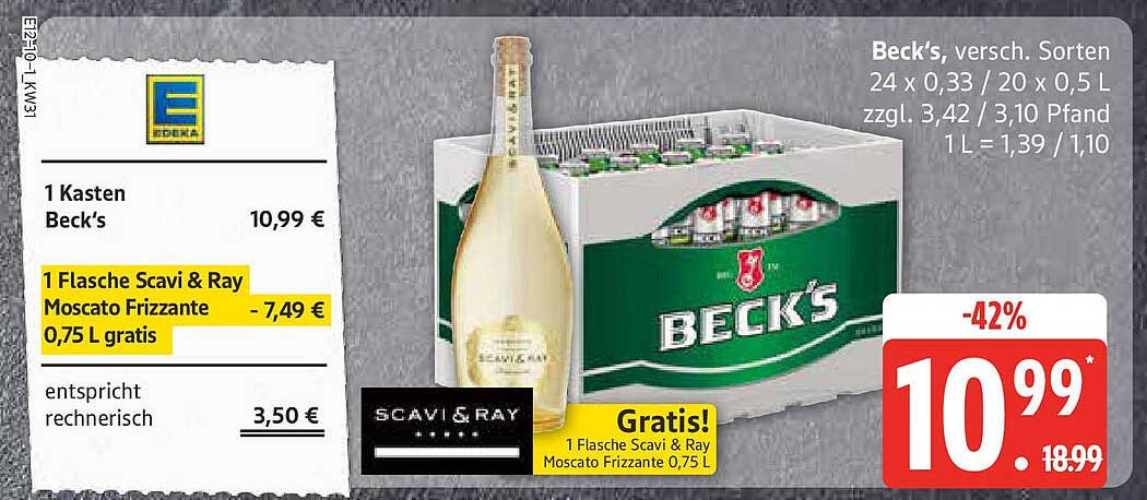 1 Kasten Beck's + 1 Flasche Scavi & Ray Moscato Frizzante 0,75 L gratis