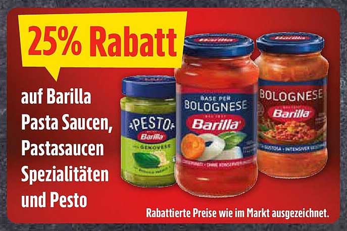 25% Rabatt auf Barilla Pasta Saucen, Pastasaucen Spezialitäten und Pesto