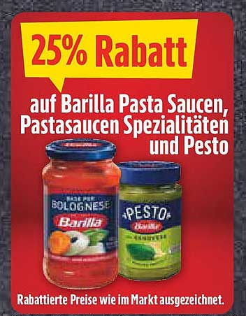 25% Rabatt auf Barilla Pasta Saucen, Pastasaucen Spezialitäten und Pesto