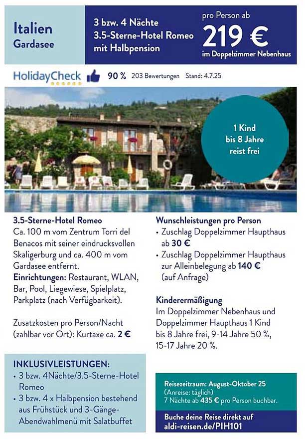 3 bzw. 4 Nächte 3.5-Sterne-Hotel Romeo am Gardasee mit Halbpension