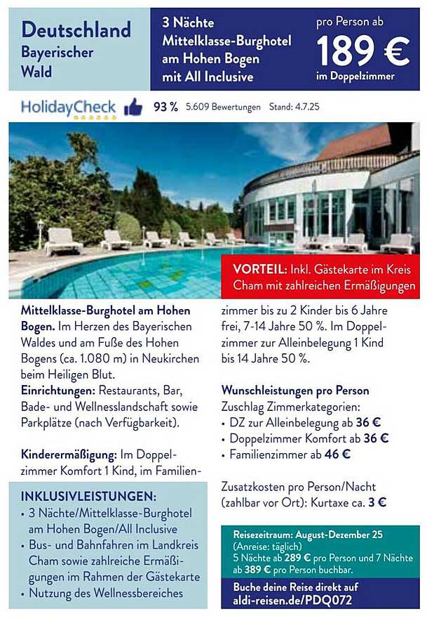 3 Nächte Mittelklasse-Burghotel am Hohen Bogen mit All Inclusive