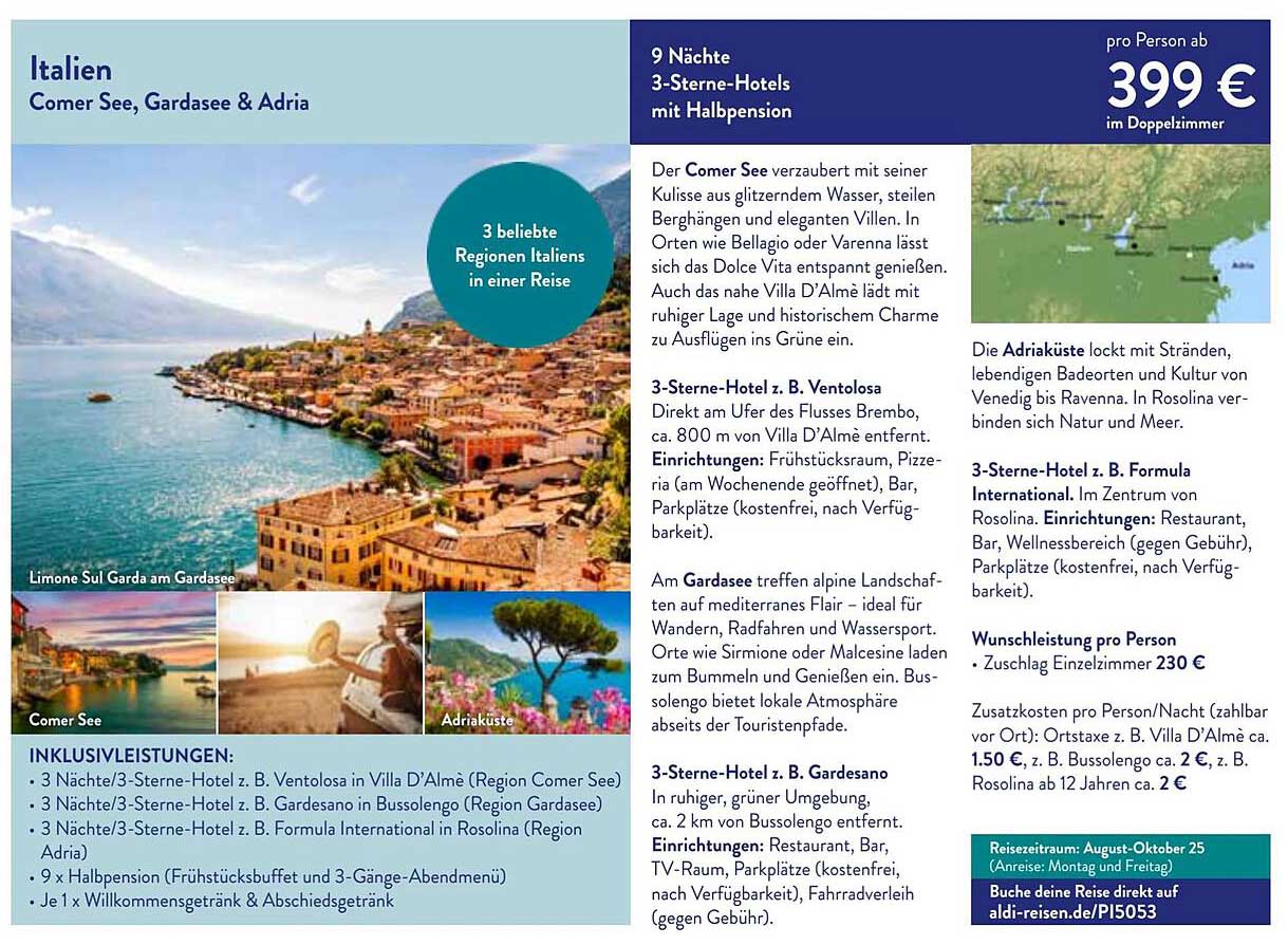 9 Nächte in 3-Sterne-Hotels am Comer See, Gardasee & Adria