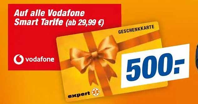 Auf alle Vodafone Smart Tarife (ab 29,99 €) erhalten Sie eine 500 € Geschenkkarte!