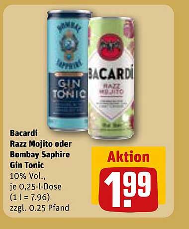 Bacardi Razz Mojito oder Bombay Saphire Gin Tonic - 0,25 l-Dose