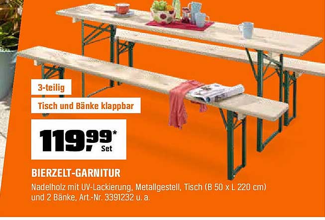 Bierzelgarnitur 3-teilig – Tisch und Bänke klappbar
