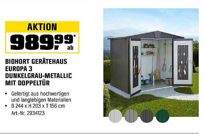 BIOHORT Gerätehaus Europa 3 dunkelgrau-metallic mit Doppeltür