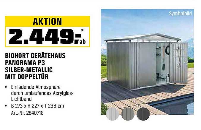 BIOHORT Geräteschuppen Panorama P3 Silber-Metallic mit Doppeltür