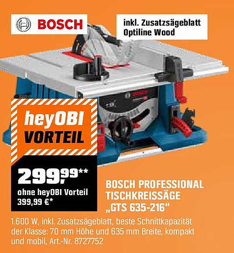 BOSCH PROFESSIONAL TISCHKREISSÄGE „GTS 635-216“ inkl. Zusatzzägelblatt Optiline Wood