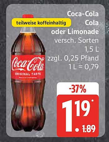 Coca-Cola Cola oder Limonade 1,5 L - Jetzt nur 1,19 €!
