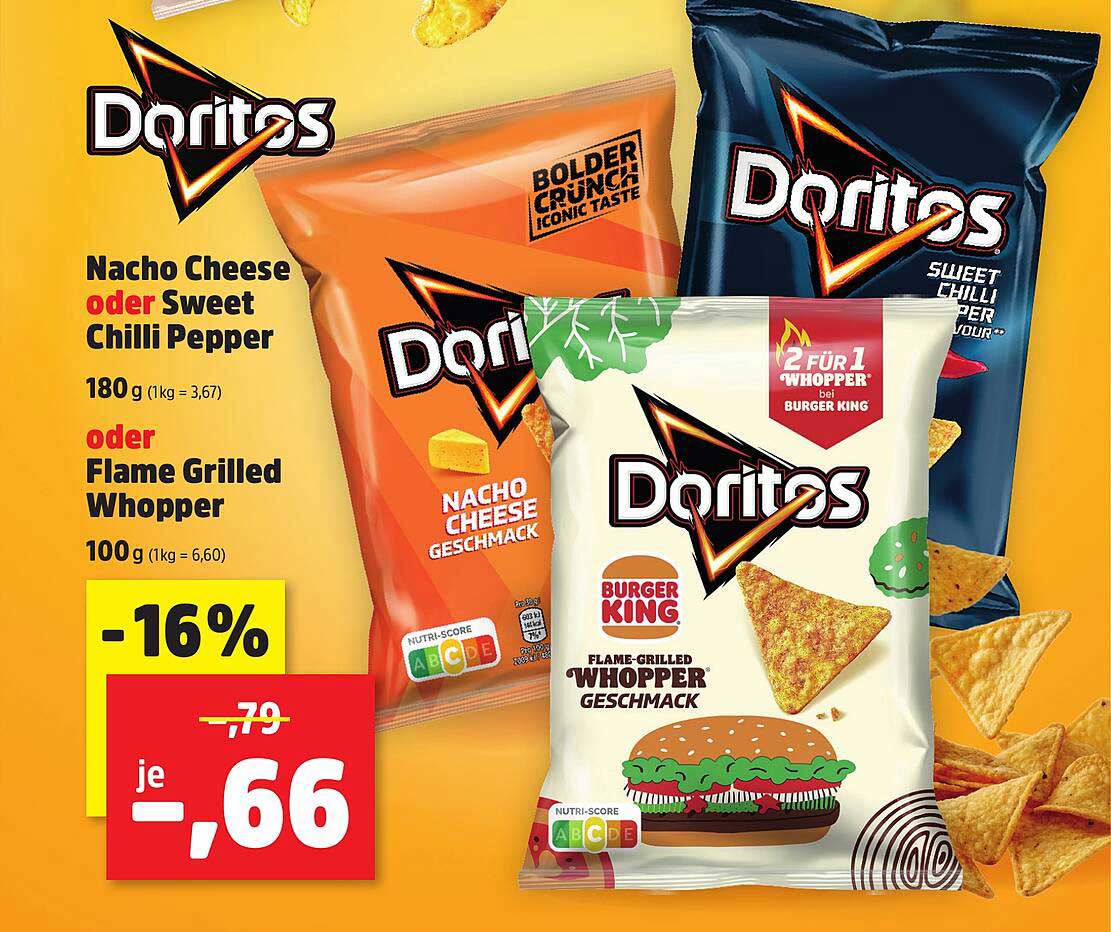 Doritos Nacho Cheese oder Sweet Chilli Pepper 180 g oder Flame Grilled Whopper 100 g