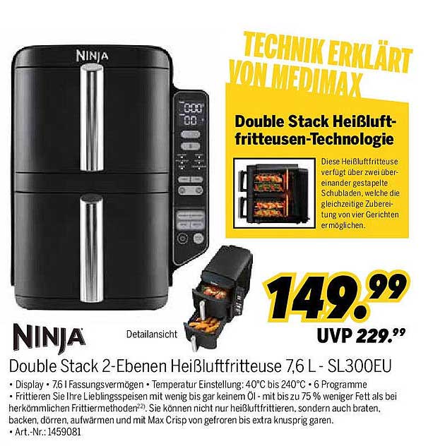 Double Stack 2-Ebenen Heißluftfritteuse 7,6 L - SL300EU