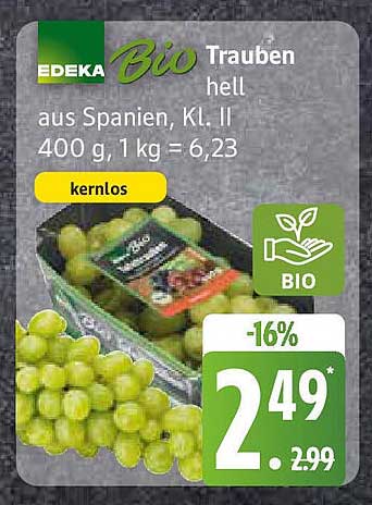 EDEKA Bio Trauben hell aus Spanien, KL. II – 400 g, kernlos