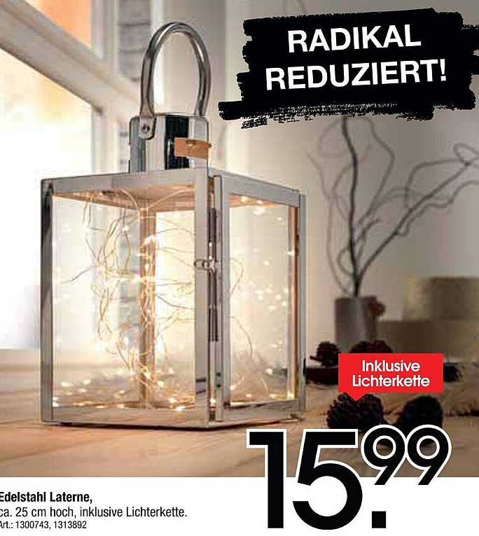 Edelstahl Laterne, ca. 25 cm hoch, inklusive Lichterkette