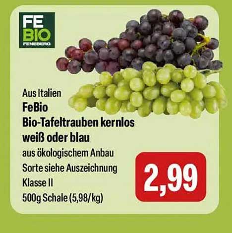 FeBio Bio-Tafeltrauben kernlos weiß oder blau