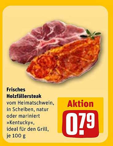 Frisches Holzfällersteak vom Heimatschwein, in Scheiben, natur oder mariniert »Kentucky«, ideal für den Grill, je 100 g