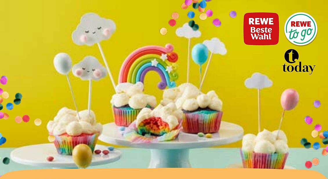 Fröhliche Regenbogen-Cupcakes im REWE-Prospekt