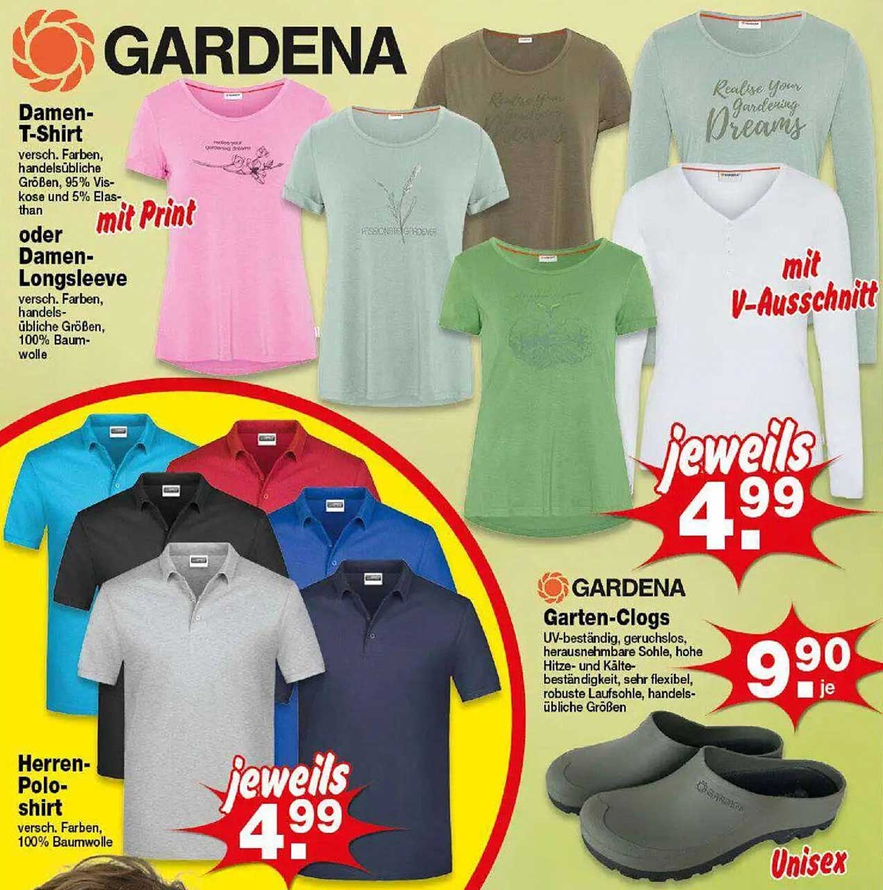 Gardena Damen-T-Shirt und Herren-Poloshirt jeweils für 4,99 €