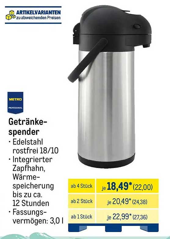 Getränkespenders Edelstahl rostfrei 18/10 mit integriertem Zapfhahn
