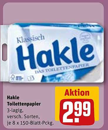 Hakle Toilettenpapier 3-lagig, verschiedene Sorten, je 8 x 150-Blatt-Pckg.