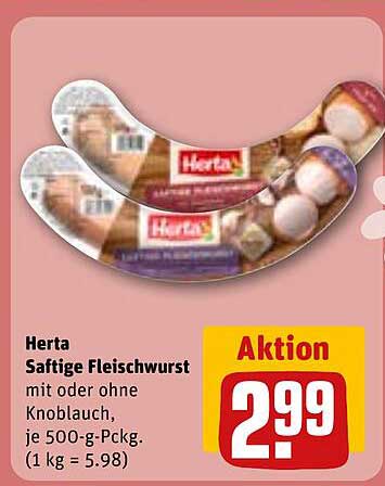 Herta Saftige Fleischwurst mit oder ohne Knoblauch, je 500-g-Pckg.