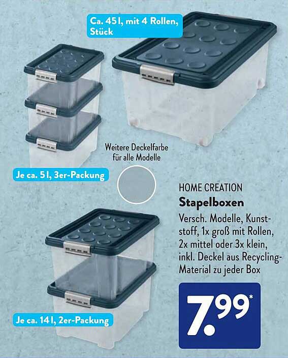 HOME CREATION Stapelboxen - Verschiedene Modelle, Kunststoffe, 1x groß mit Rollen, 2x mittel oder 3x klein, inkl. Deckel aus Recycling-Material
