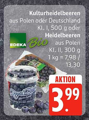 Kulturheidelbeeren aus Polen oder Deutschland Kl. I, 500 g oder Heidelbeeren aus Polen Kl. II, 300 g