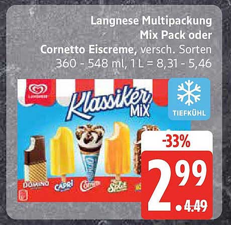 Langnese Multipackung Mix Pack oder Cornetto Eiscreme, versch. Sorten 360 - 548 ml