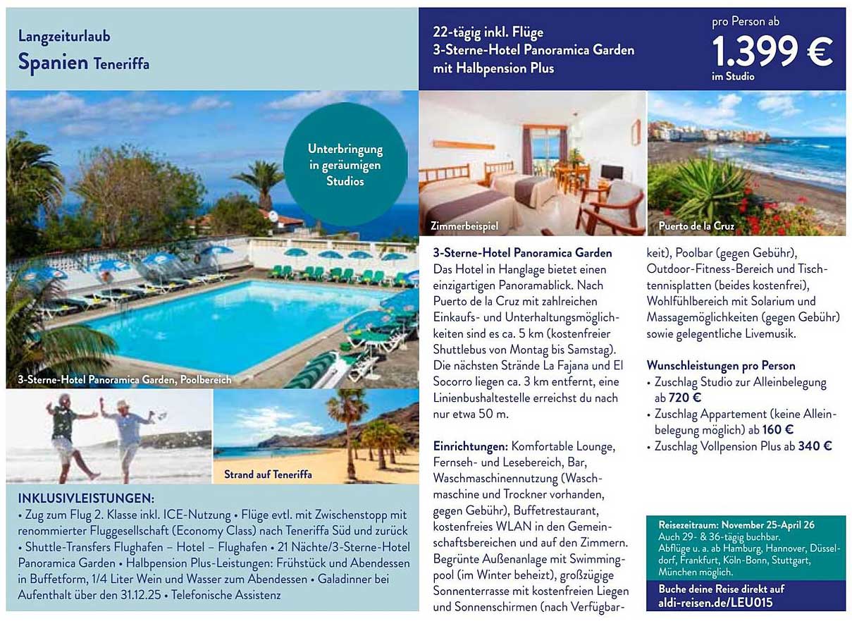 Langzeiturlaub Spanien Teneriffa - 22-tägiger Aufenthalt im 3-Sterne-Hotel Panoramica Garden mit Halbpension Plus
