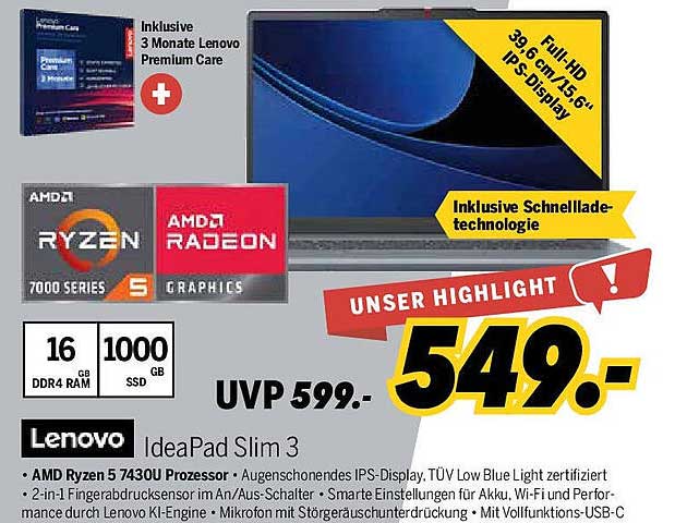 Lenovo IdeaPad Slim 3 - Full HD, 39,6 cm (15,6 Zoll), AMD Ryzen 5, 16 GB RAM, 1000 GB SSD
