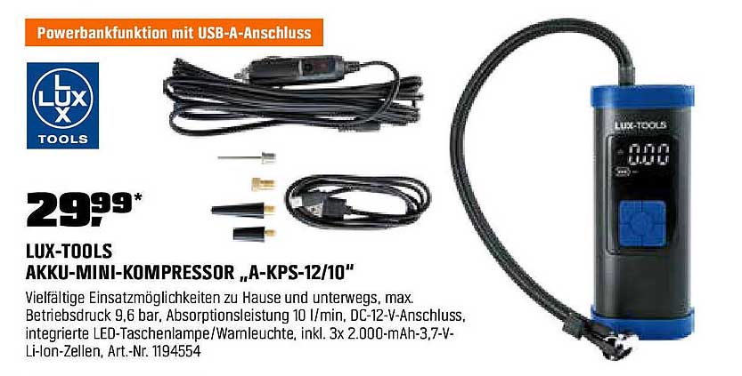 LUX-TOOLS Akku-Mini-Kompressor „A-KPS-12/10“