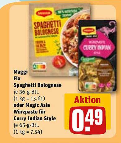 Maggi Fix Spaghetti Bolognese oder Magic Asia Würzpaste für Curry Indian Style, je 36-g-Btl. bzw. 65-g-Btl.