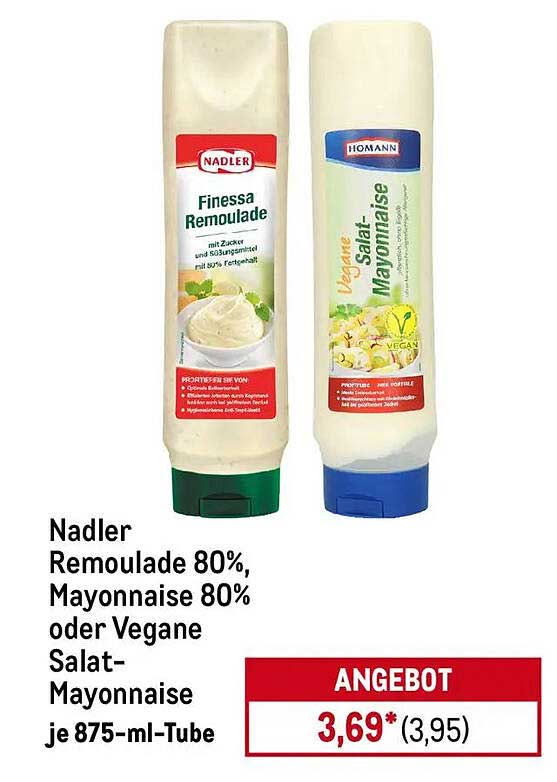 Nadler Remoulade 80%, Mayonnaise 80% oder Vegane Salat-Mayonnaise je 875-ml-Tube