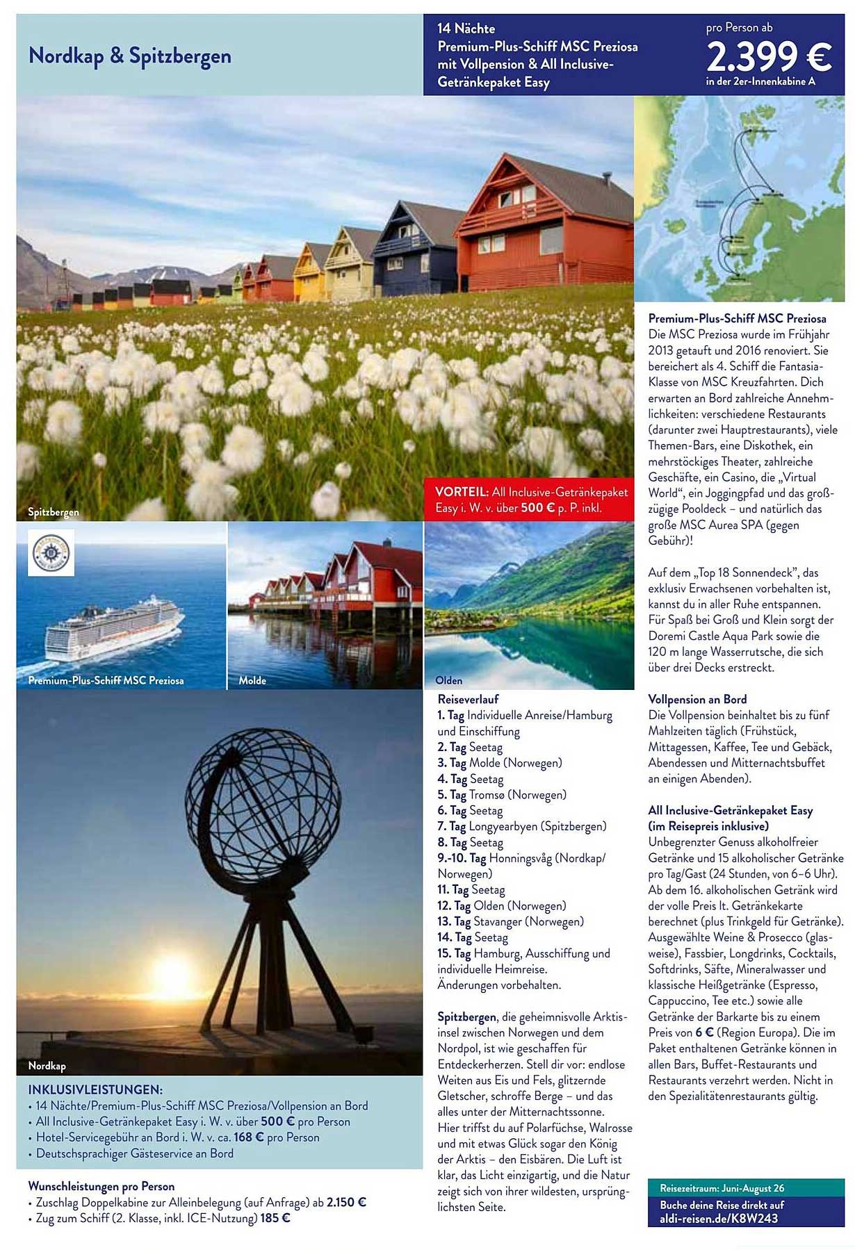 Nordkap & Spitzbergen: 14 Nächte Premium-Plus-Schiff MSC Preziosa mit Vollpension & All Inclusive-Getränkepaket Easy