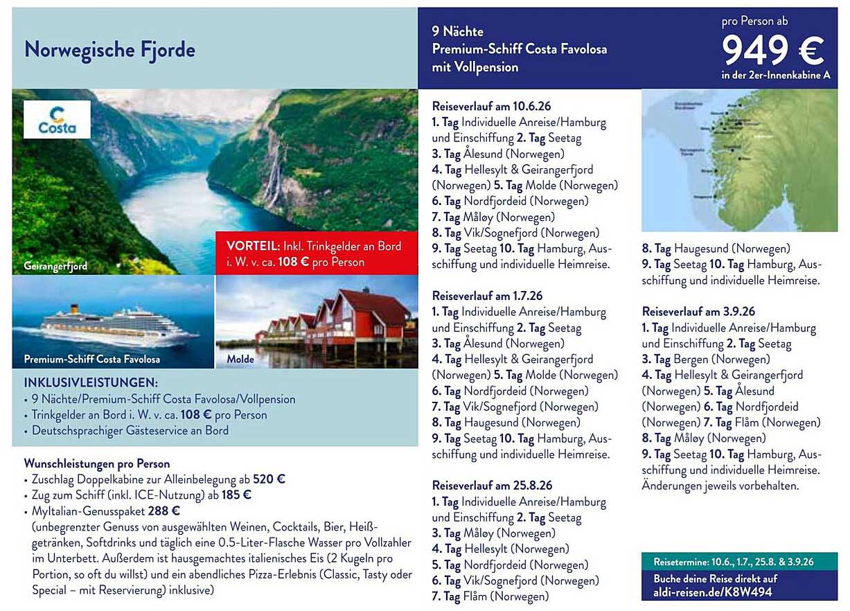 Norwegische Fjorde – 9 Nächte mit Premium-Schiff Costa Favolosa und Vollpension