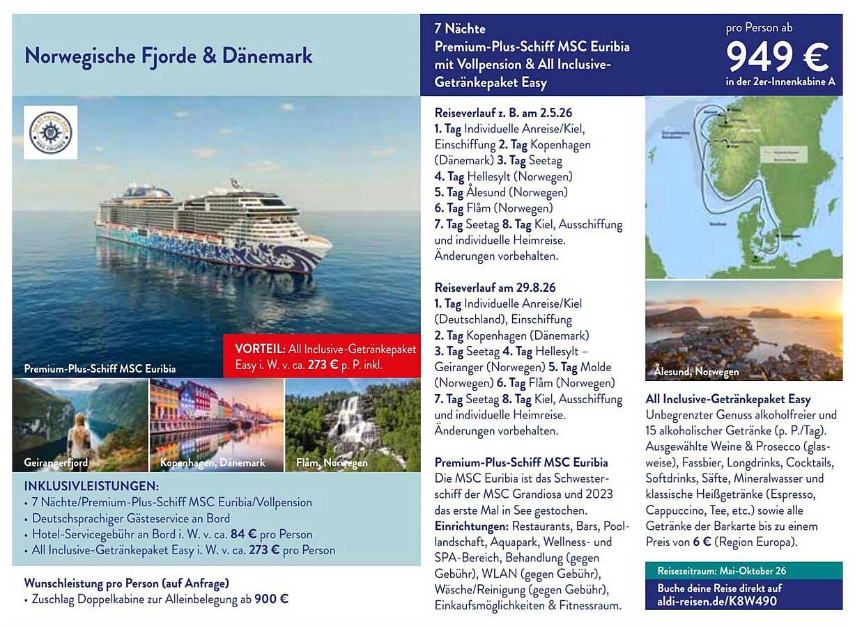 Norwegische Fjorde & Dänemark – 7 Nächte auf dem Premium-Plus-Schiff MSC Euribia