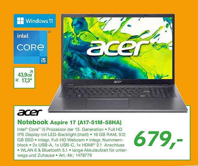 Notebook Aspire 17 (A17-51M-58HA)
