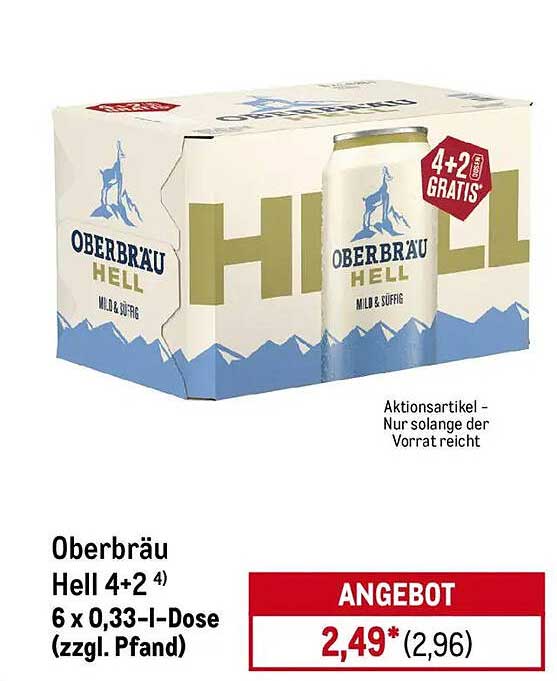 Oberbräu Hell 4+2 - 6 x 0,33 l Dose (zzgl. Pfand)